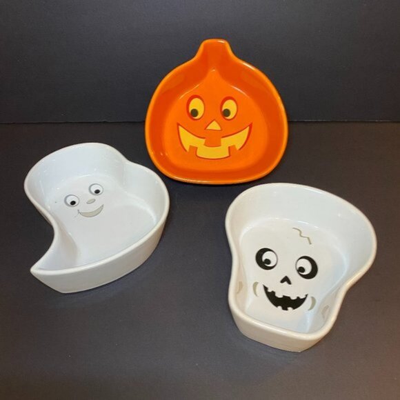 Other - 3 Halloween Ceramic Dishes Candies Nuts Ghost Pumpkin Skeleton